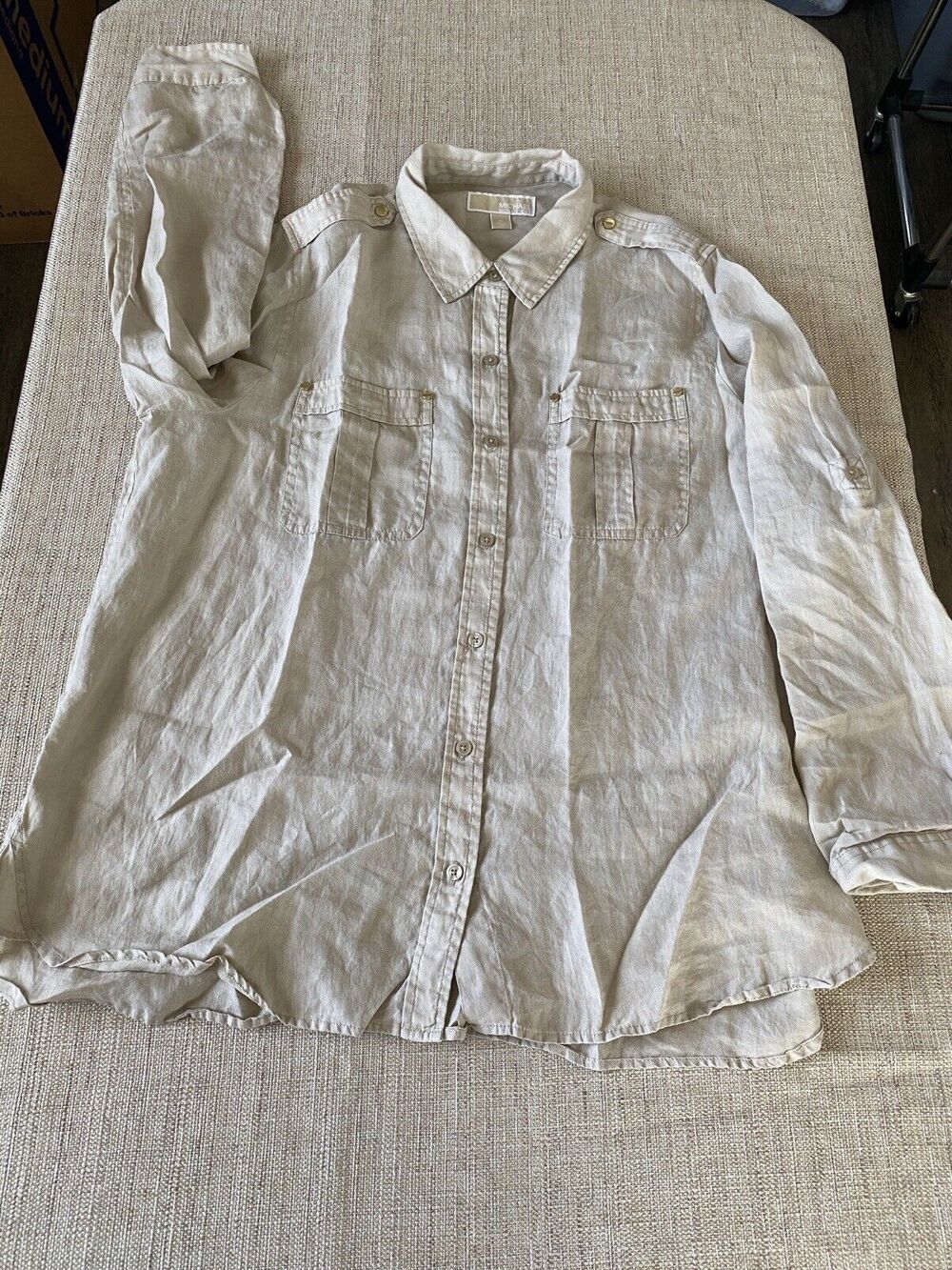 Michael Kors Tab Sleeve Ramie Button Down Gold Button Women Shirt Beige XL